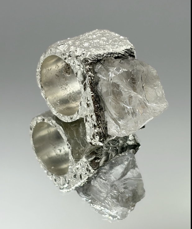 Silver ring with dual quartz crystal facets, product shot